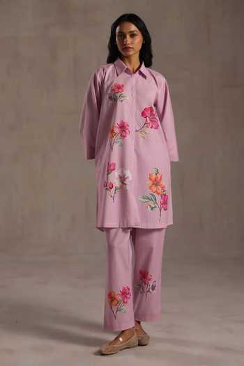 Roza_Pink Linen Collared Louise Placement Printed Kurta And Pant Set _Online_at_Aza_Fashions