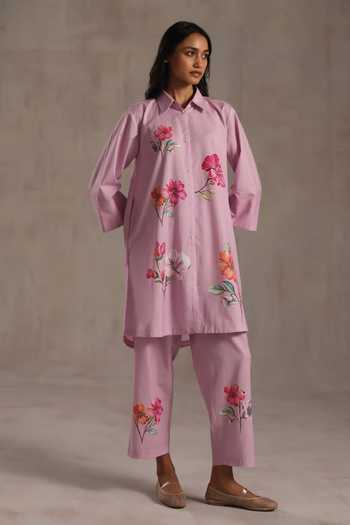 Buy_Roza_Pink Linen Collared Louise Placement Printed Kurta And Pant Set _Online_at_Aza_Fashions