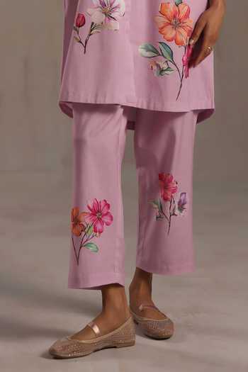 Shop_Roza_Pink Linen Collared Louise Placement Printed Kurta And Pant Set _Online_at_Aza_Fashions