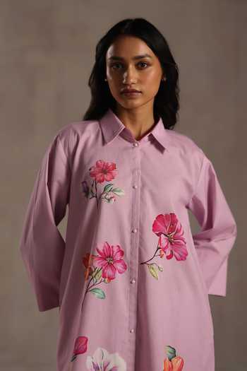 Roza_Pink Linen Collared Louise Placement Printed Kurta And Pant Set _at_Aza_Fashions