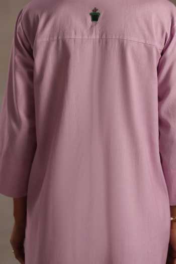 Buy_Roza_Pink Linen Collared Louise Placement Printed Kurta And Pant Set 