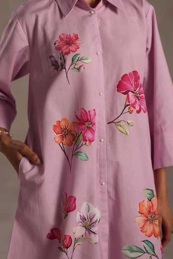 Shop_Roza_Pink Linen Collared Louise Placement Printed Kurta And Pant Set 