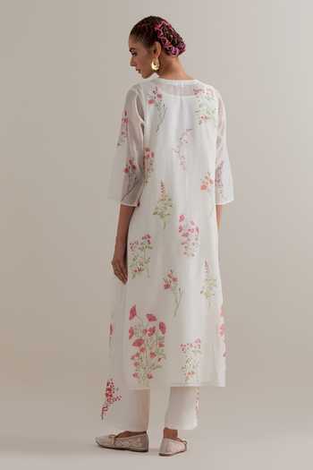 Upavita_Pink Cotton, Chanderi Tassels, Beads Split V-neck Floral Printed Kurta Set _Online_at_Aza_Fashions