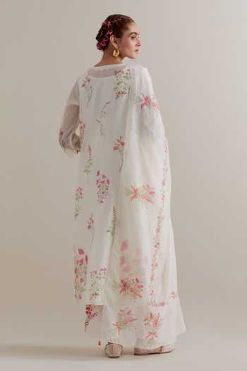 Shop_Upavita_Pink Cotton, Chanderi Tassels, Beads Split V-neck Floral Printed Kurta Set _at_Aza_Fashions