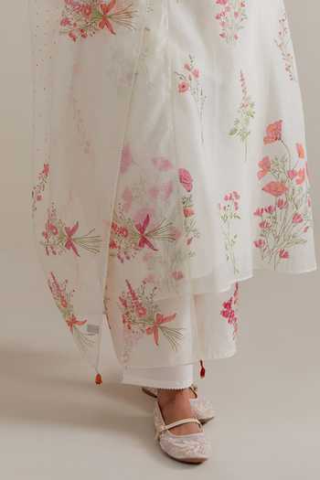 Shop_Upavita_Pink Cotton, Chanderi Tassels, Beads Split V-neck Floral Printed Kurta Set 