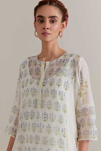 Upavita_Pink Cotton, Chanderi Lace, Tassels, Beads Round Hand Block Print Kurta Set _Online_at_Aza_Fashions