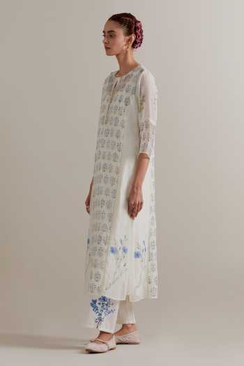 Shop_Upavita_Pink Cotton, Chanderi Lace, Tassels, Beads Round Hand Block Print Kurta Set _Online_at_Aza_Fashions