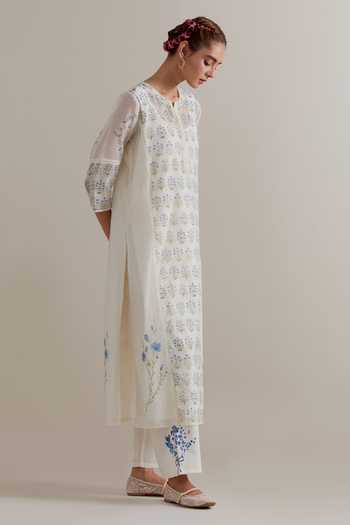 Upavita_Pink Cotton, Chanderi Lace, Tassels, Beads Round Hand Block Print Kurta Set _at_Aza_Fashions