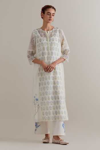 Buy_Upavita_Pink Cotton, Chanderi Lace, Tassels, Beads Round Hand Block Print Kurta Set 