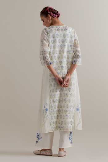 Shop_Upavita_Pink Cotton, Chanderi Lace, Tassels, Beads Round Hand Block Print Kurta Set _at_Aza_Fashions