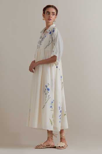 Upavita_Pink Cotton Collared Floral Dress And Slip Set _Online_at_Aza_Fashions
