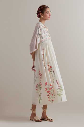 Upavita_Pink Cotton Collared Floral Dress And Slip Set _Online_at_Aza_Fashions