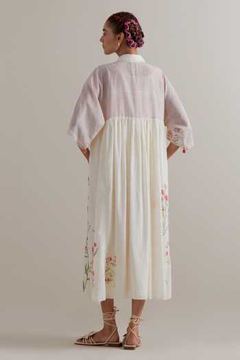 Shop_Upavita_Pink Cotton Collared Floral Dress And Slip Set _at_Aza_Fashions