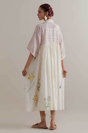 Shop_Upavita_Multi Color Cotton Collared Floral Dress And Slip Set _at_Aza_Fashions