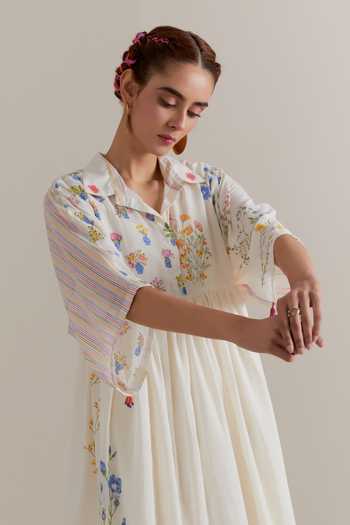 Upavita_Multi Color Cotton Collared Floral Dress And Slip Set _at_Aza_Fashions