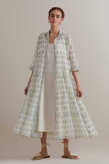 Upavita_Blue Silk, Chanderi, Cotton Collared, Yes Printed Kurta And Pant Set _Online_at_Aza_Fashions