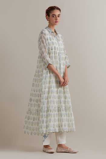 Buy_Upavita_Blue Silk, Chanderi, Cotton Collared, Yes Printed Kurta And Pant Set _Online_at_Aza_Fashions