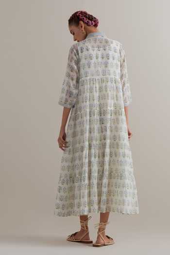 Shop_Upavita_Blue Silk, Chanderi, Cotton Collared, Yes Printed Kurta And Pant Set _at_Aza_Fashions
