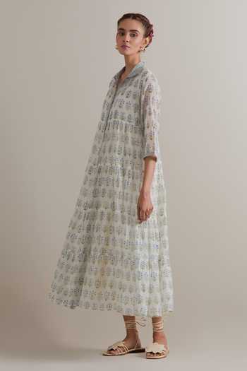 Shop_Upavita_Blue Silk, Chanderi, Cotton Collared, Yes Printed Kurta And Pant Set _Online_at_Aza_Fashions