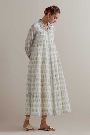 Upavita_Blue Silk, Chanderi, Cotton Collared, Yes Printed Kurta And Pant Set _at_Aza_Fashions