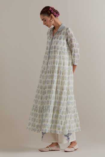 Buy_Upavita_Blue Silk, Chanderi, Cotton Collared, Yes Printed Kurta And Pant Set 