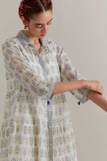 Shop_Upavita_Blue Silk, Chanderi, Cotton Collared, Yes Printed Kurta And Pant Set 
