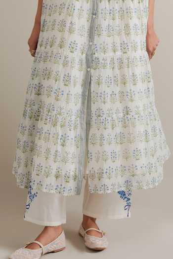 Shop_Upavita_Blue Silk, Chanderi, Cotton Collared, Yes Printed Kurta And Pant Set _Online