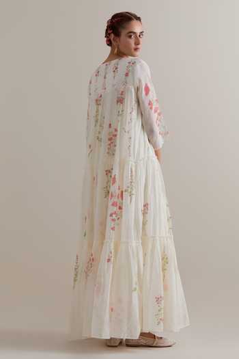 Shop_Upavita_Pink Silk, Chanderi, Cotton Beads, Tassels Round Neck Printed Kurta Set _at_Aza_Fashions