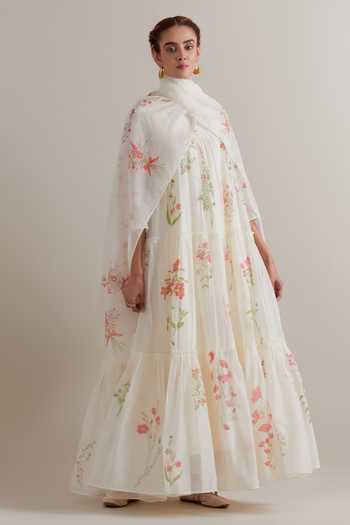 Buy_Upavita_Pink Silk, Chanderi, Cotton Beads, Tassels Round Neck Printed Kurta Set _at_Aza_Fashions