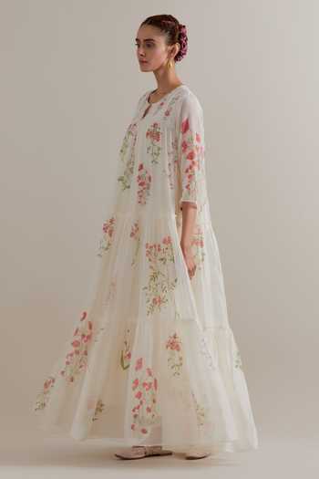 Upavita_Pink Silk, Chanderi, Cotton Beads, Tassels Round Neck Printed Kurta Set _Online_at_Aza_Fashions