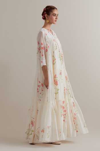 Buy_Upavita_Pink Silk, Chanderi, Cotton Beads, Tassels Round Neck Printed Kurta Set _Online_at_Aza_Fashions