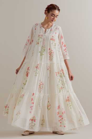 Shop_Upavita_Pink Silk, Chanderi, Cotton Beads, Tassels Round Neck Printed Kurta Set _Online_at_Aza_Fashions