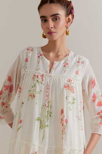 Upavita_Pink Silk, Chanderi, Cotton Beads, Tassels Round Neck Printed Kurta Set _at_Aza_Fashions