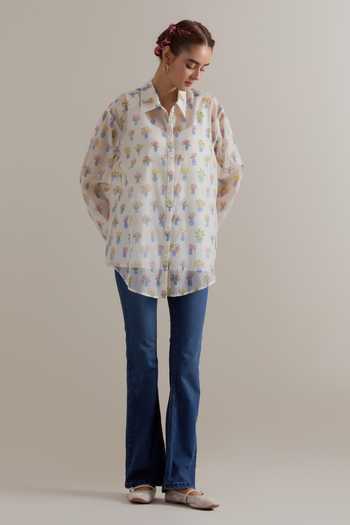 Buy_Upavita_Multi Color Silk, Cotton, Chanderi Collared Hand Block Print Shirt And Slip _at_Aza_Fashions