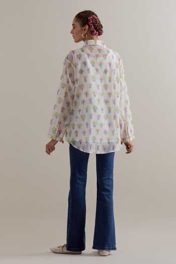 Shop_Upavita_Multi Color Silk, Cotton, Chanderi Collared Hand Block Print Shirt And Slip _at_Aza_Fashions