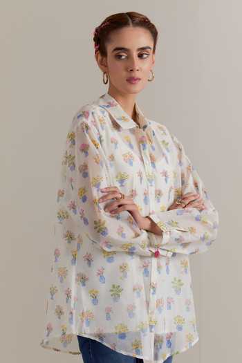 Shop_Upavita_Multi Color Silk, Cotton, Chanderi Collared Hand Block Print Shirt And Slip _Online_at_Aza_Fashions