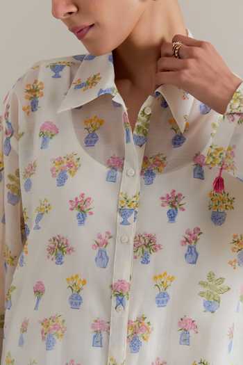 Upavita_Multi Color Silk, Cotton, Chanderi Collared Hand Block Print Shirt And Slip _at_Aza_Fashions