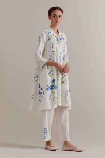 Upavita_Pink Cotton, Chanderi Tassels Collared, Yes Printed Kurta Set _Online_at_Aza_Fashions