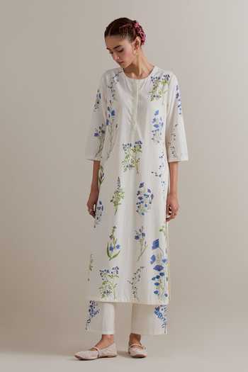 Buy_Upavita_Blue Cotton, Chanderi Tassels Round Neck, Yes Printed Kurta Set _Online_at_Aza_Fashions