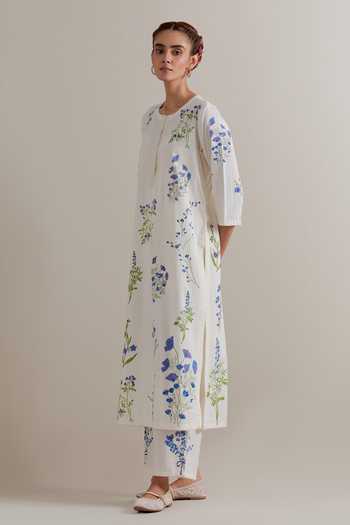 Shop_Upavita_Blue Cotton, Chanderi Tassels Round Neck, Yes Printed Kurta Set _Online_at_Aza_Fashions