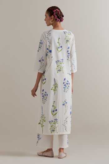 Shop_Upavita_Blue Cotton, Chanderi Tassels Round Neck, Yes Printed Kurta Set _at_Aza_Fashions