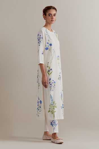 Buy_Upavita_Blue Cotton, Chanderi Tassels Round Neck, Yes Printed Kurta Set 