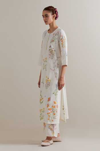 Upavita_Multi Color Cotton, Chanderi Beads, Tassels Round Hand Block Printed Kurta Set _Online_at_Aza_Fashions