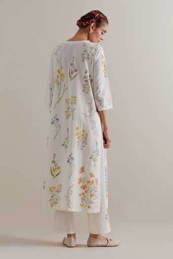 Shop_Upavita_Multi Color Cotton, Chanderi Beads, Tassels Round Hand Block Printed Kurta Set _at_Aza_Fashions