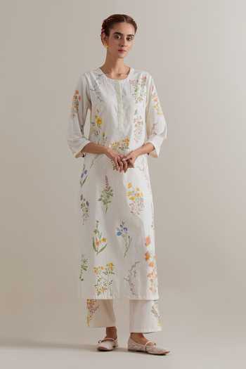 Buy_Upavita_Multi Color Cotton, Chanderi Beads, Tassels Round Hand Block Printed Kurta Set _Online_at_Aza_Fashions