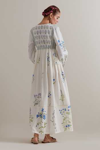 Shop_Upavita_Pink Silk, Cotton, Chanderi Lace Hand Block Printed Maxi Dress And Slip Set _at_Aza_Fashions