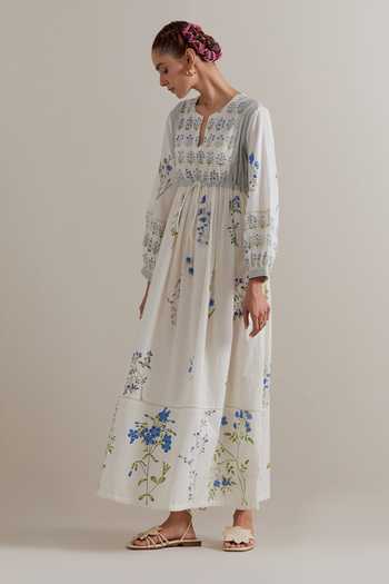 Upavita_Pink Silk, Cotton, Chanderi Lace Hand Block Printed Maxi Dress And Slip Set _Online_at_Aza_Fashions