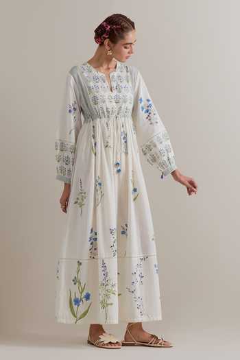 Buy_Upavita_Pink Silk, Cotton, Chanderi Lace Hand Block Printed Maxi Dress And Slip Set _Online_at_Aza_Fashions