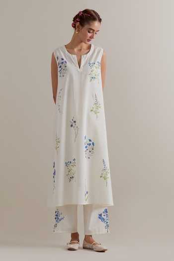 Upavita_Blue Cotton, Chanderi Tassels Round Neck Printed Kurta Set _Online_at_Aza_Fashions