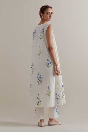 Shop_Upavita_Blue Cotton, Chanderi Tassels Round Neck Printed Kurta Set _at_Aza_Fashions